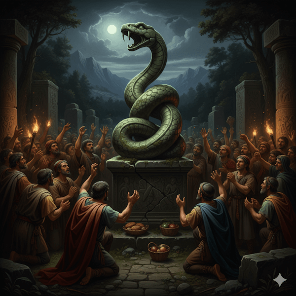 Ilustração de um grupo de pessoas adorando uma serpente (Gnosticismo)