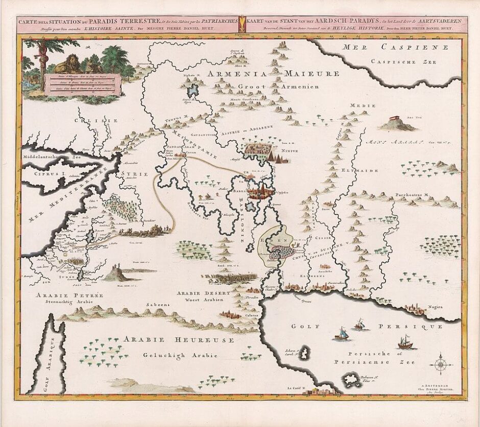 Mapa de Pierre Mortier com a legenda Mapa da localização do paraíso terrestre e do país habitado pelos patriarcas, elaborado para o bom entendimento da história sagrada, por Pierre Daniel Huet (1700)