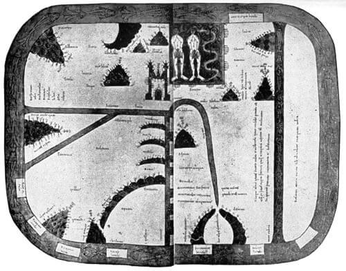 Mapa-múndi moçárabe de 1109 com o Éden no Oriente (no topo)