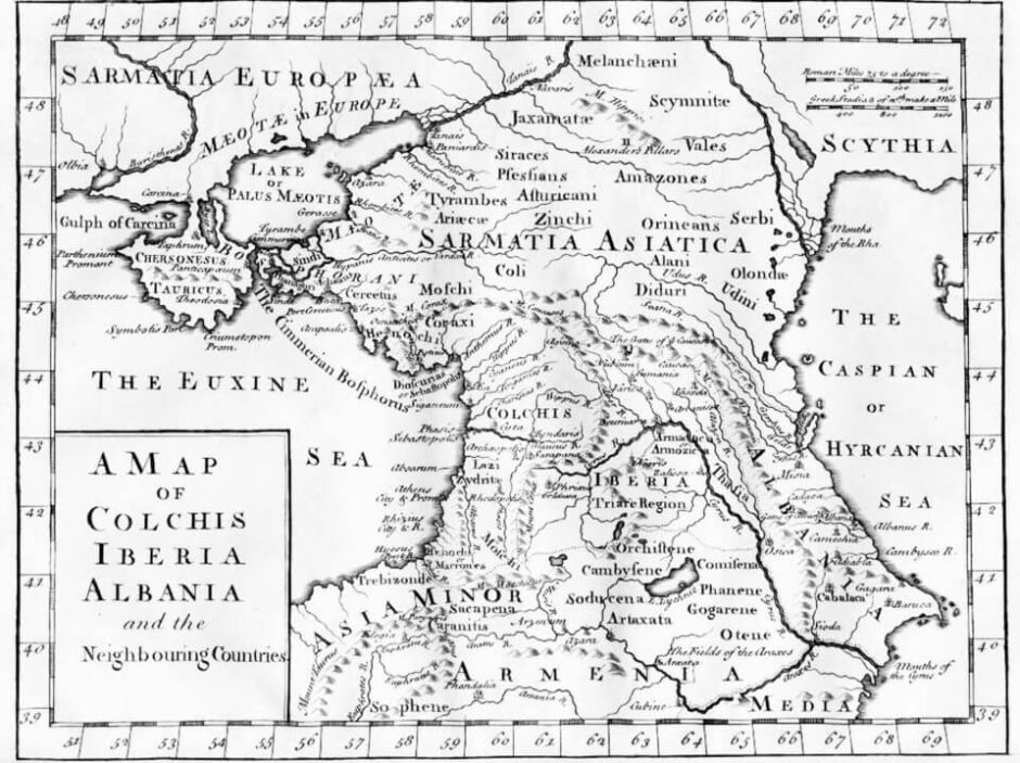 Neste mapa, baseado em fontes literárias gregas antigas, os Moschi estão localizados nas proximidades do sul da Cólquida . Londres , c. 1770