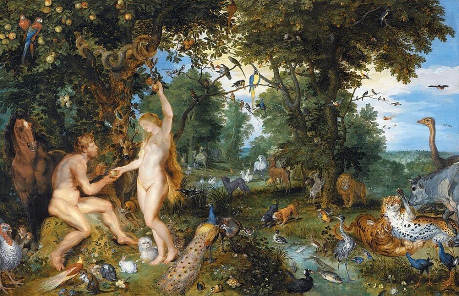 O Jardim do Éden com a Queda do Homem, de Jan Brueghel, o Velho, e Pieter Paul Rubens, c. 1615, retratando animais domésticos e exóticos, como tigres, papagaios e avestruzes, coexistindo no jardim