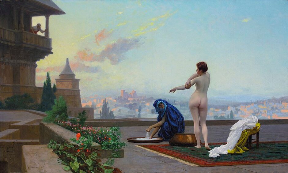 Representação de Bate-Seba tomando banho por Jean-Léon Gérôme, observada por David