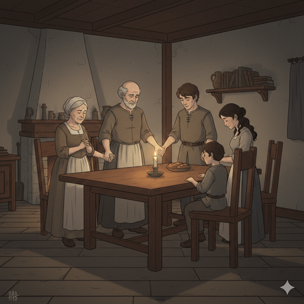 Família envolta de uma mesa orando juntos