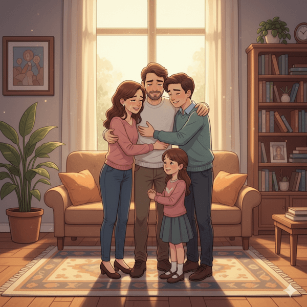 Família se abraçando após se perdoarem