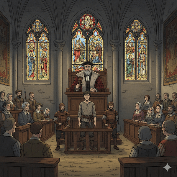 Homem sendo julgado em um tribunal