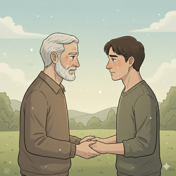 Ilustração de pai e filho se perdoando