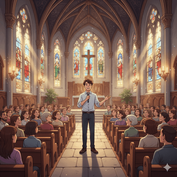 Ilustração de rapaz a frente da igreja testemunhando (Testemunho)