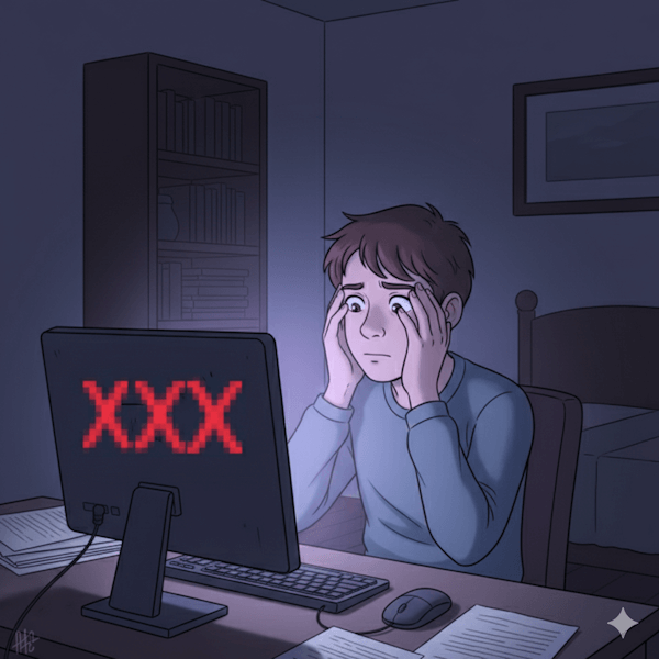 Ilustração de rapaz tapando os olhos na frente do computador