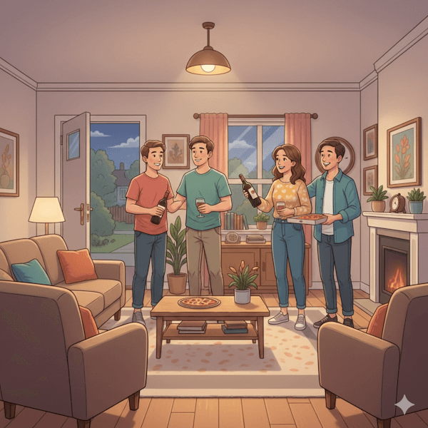 Ilustração de um casal recebendo amigos em sua casa