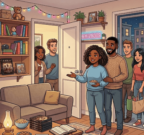 Ilustração de um casal recebendo visitas em seu apartamento
