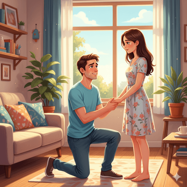 Ilustração de um homem pedindo perdão a sua esposa