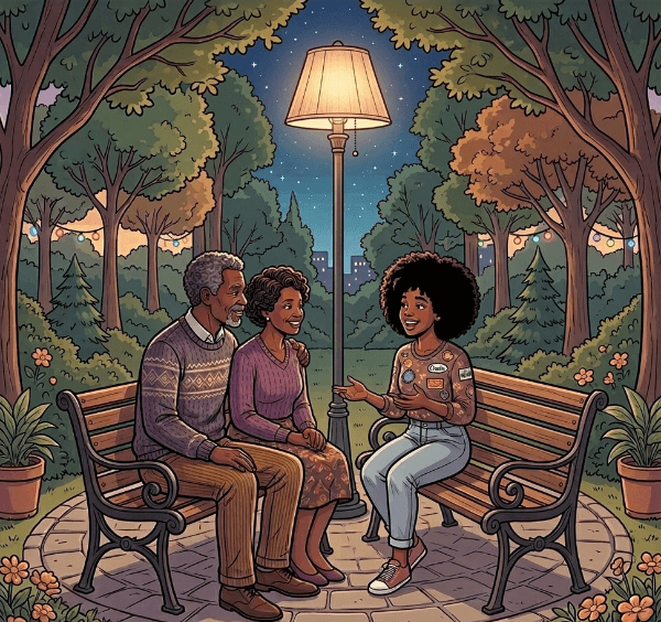 Ilustração de uma filha conversando com seus pais em uma praça