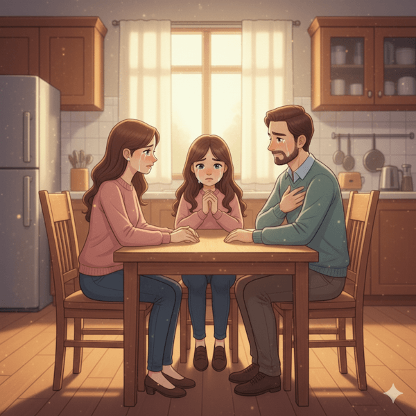 Ilustração de uma moça pedindo perdão aos seus pais