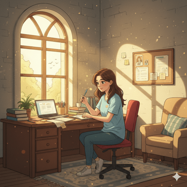 Ilustração de uma moça planejando seus estudos