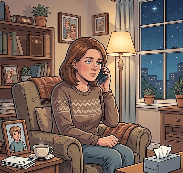 Ilustração de uma mulher falando no celuar com seu filho