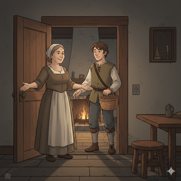 Ilustração de uma senhora recepcionando um homem jovem (Hospitalidade). A Arte da Hospitalidade Bíblica - Abrindo a Casa e o Coração