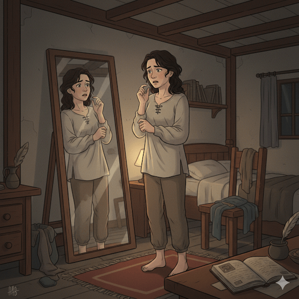 Mulher insegura se olhando no espelho (medo)