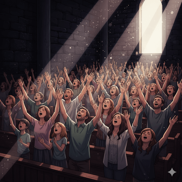Pessoas dentro de uma igreja louvando
