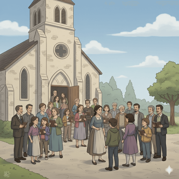 Pessoas saindo de uma igreja, após um culto