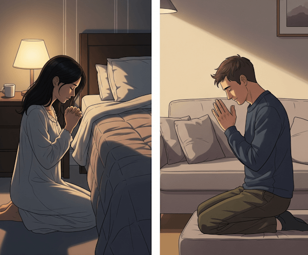 A woman and a man praying kneeling (like praying for his future spouse)