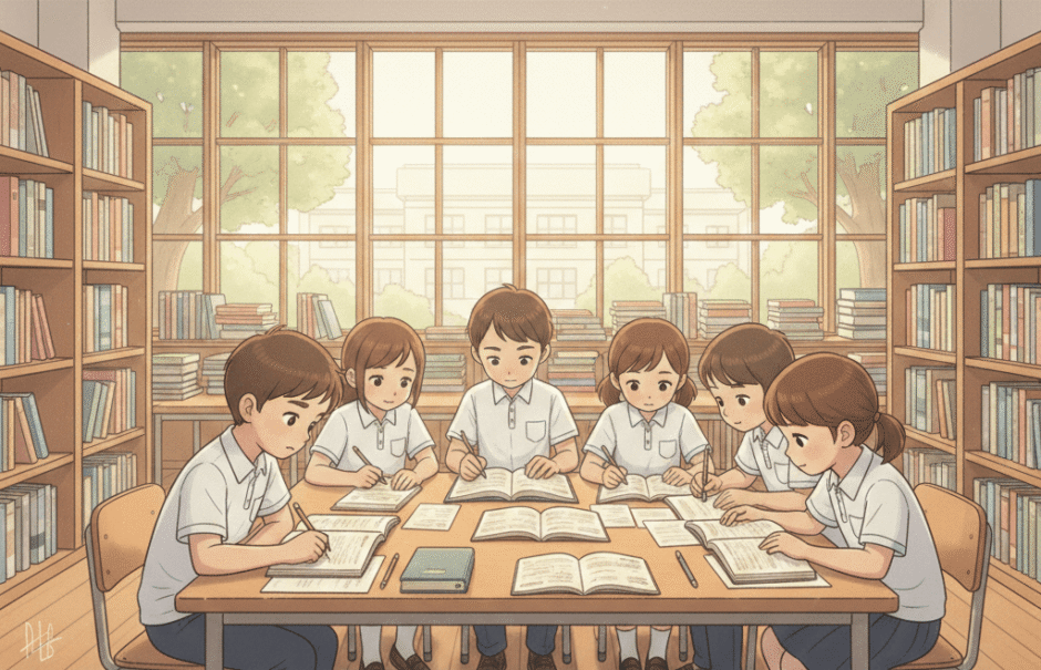 Crianças estudando em volta de uma mesa