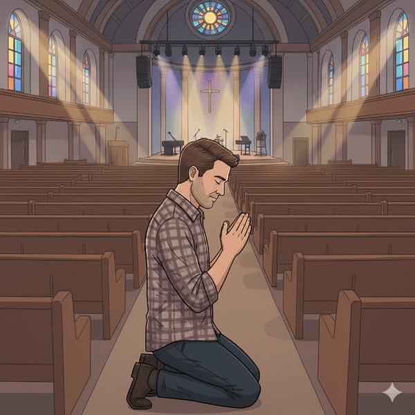 Homem ajoelhado orando dentro de uma igreja (Vocação). O que a Bíblia Diz sobre Vocação?