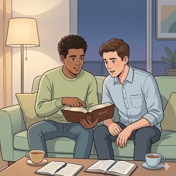 Ilustração de dois jovens lendo a Bíblia. Evangelização da Amizade. Evangelizando. Amigos. Evangelismo da Amizade