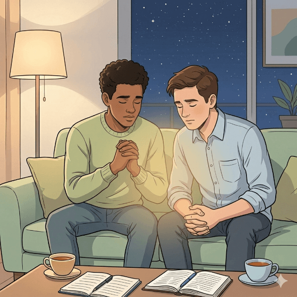 Ilustração de dois rapazes orando juntos