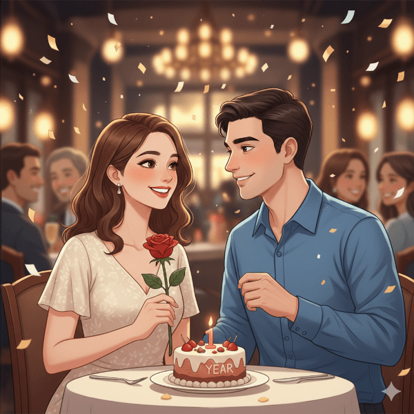 Ilustração de um casal comemorando. Primeiro Ano de Casamento: 5 Desafios e Como Superá-los Juntos