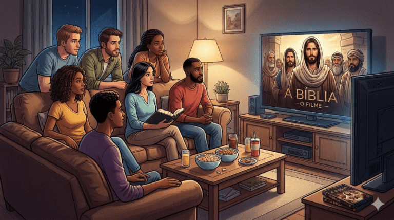 Ilustração de um grupo de jovens assistindo um filme cristão