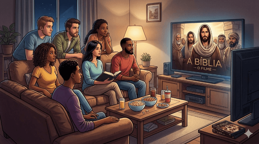 Ilustração de um grupo de jovens assistindo um filme cristão. 7 Filmes Apologéticos para Ajudar a Defender sua Fé