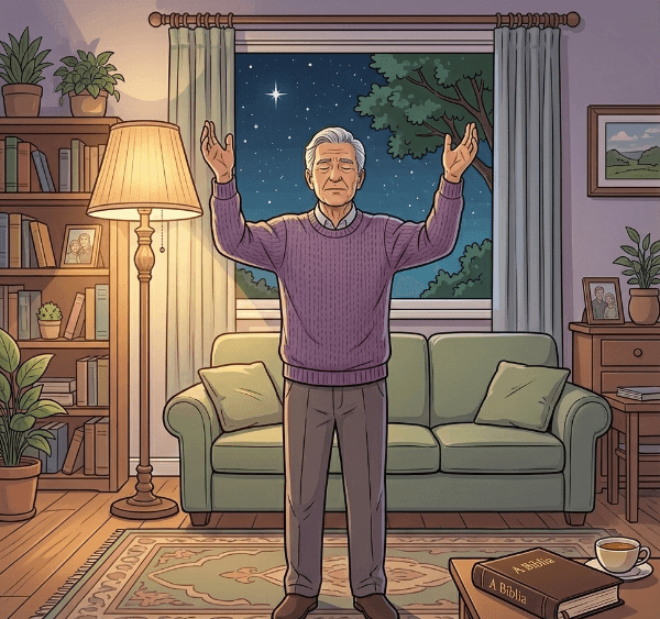 Ilustração de um homem idoso orando com mãos levantadas