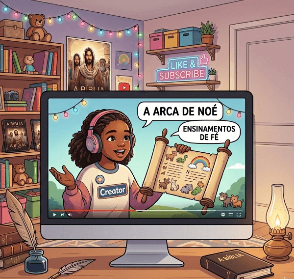 Ilustração de um vídeo de uma influencer adolescente ensinando sobre a Arca de Noé