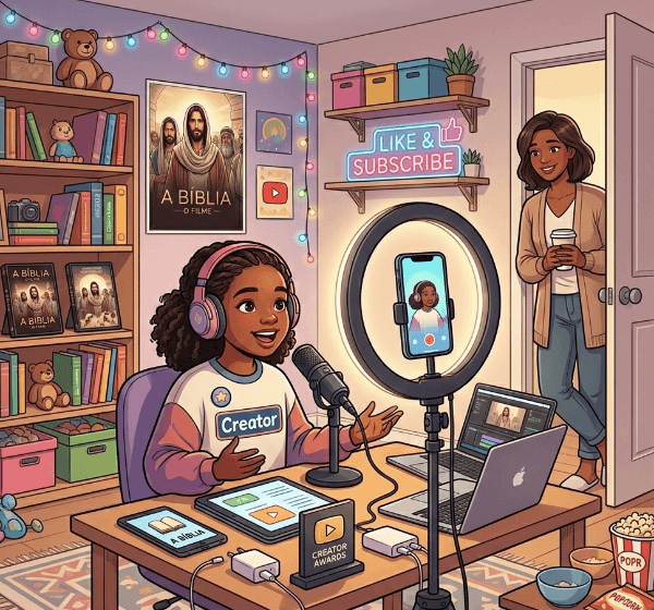 Ilustração de uma criança influencer gravando um vídeo. Meu filho quer ser influencer: Como agir?