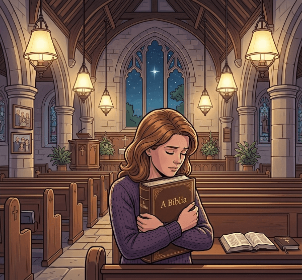 Ilustração de uma moça abraçada com a Bíblia dentro de uma igreja protestante. A Sabedoria de não Viver de Sentimentos, mas pela Fé