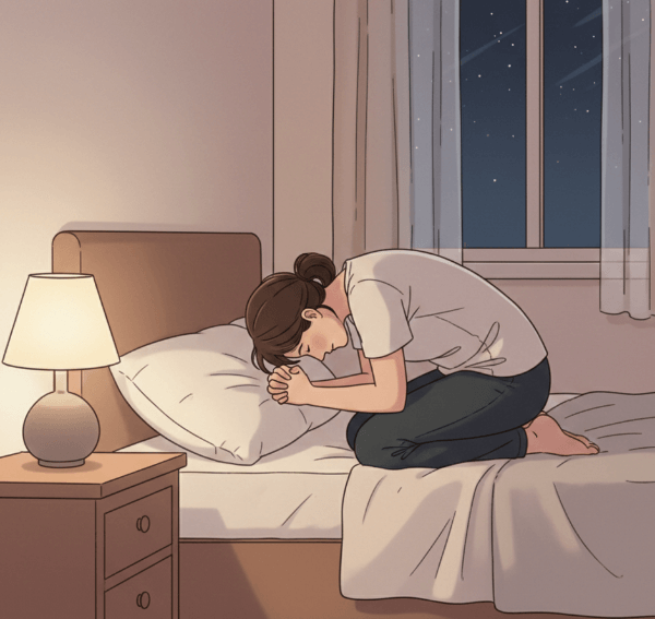 Ilustração de uma mulher ajoelhada orando sobre sua cama