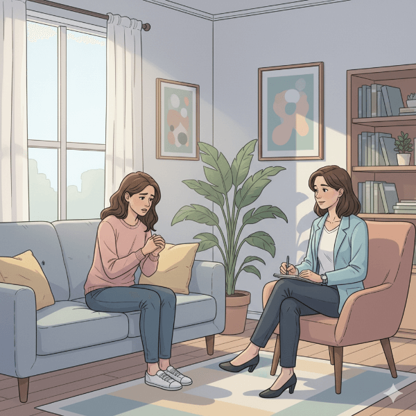 Ilustração de uma mulher se consultando em uma psicóloga