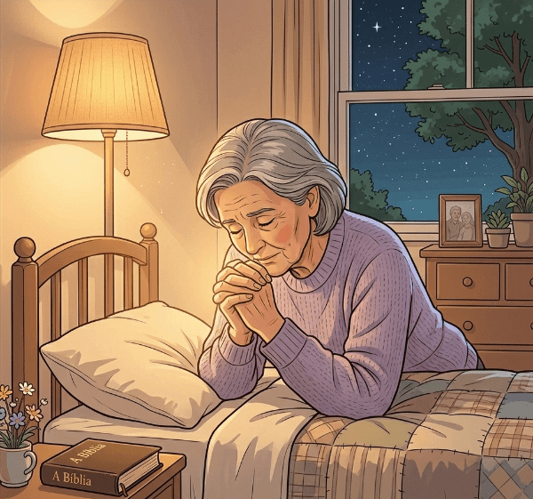 Ilustração de uma senhora orando debruçada em sua cama