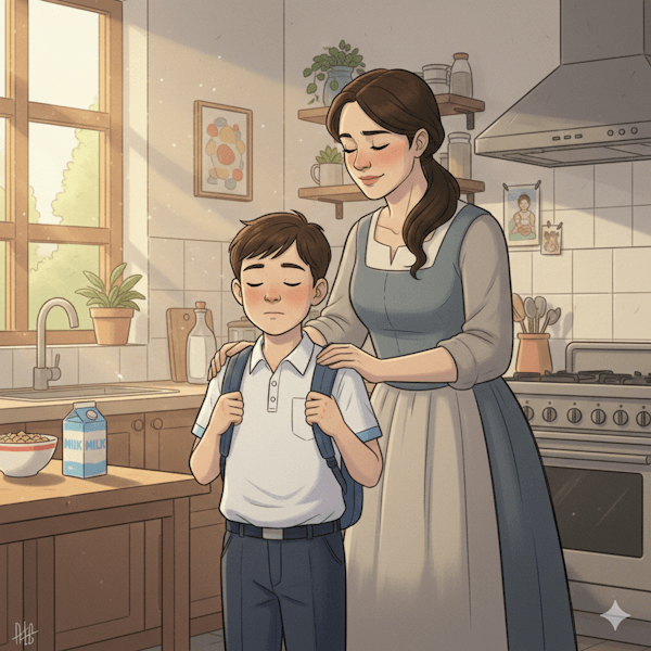 Mulher orando pelo filho antes dele ir para escola. Oração de Volta às Aulas