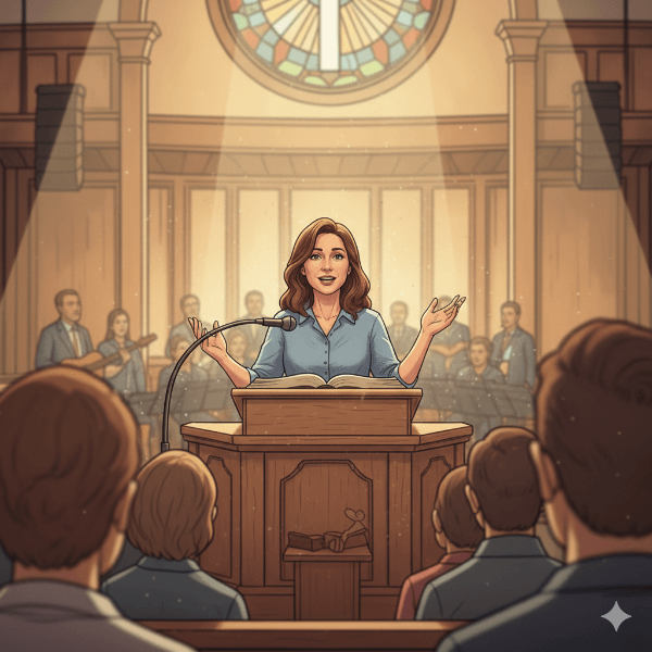 Mulher testemunhando na igreja. O Testemunho da Excelência em Tudo o que Fazemos