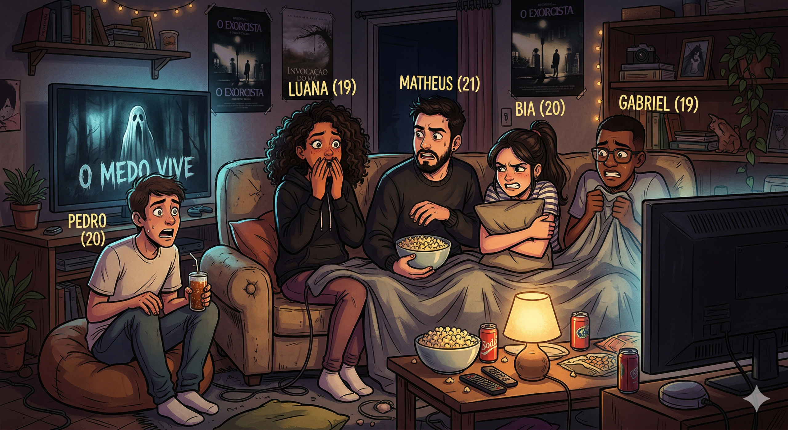 Ilustração de jovens assistindo um filme de terror