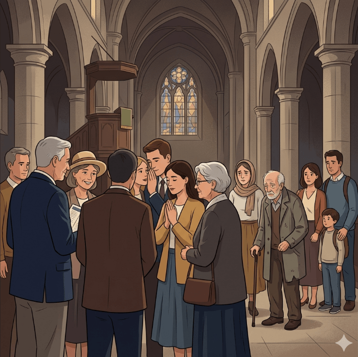 Ilustração de panelinhas em uma igreja
