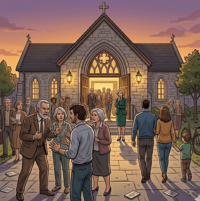 Ilustração de pessoas discutindo na saída de uma igreja