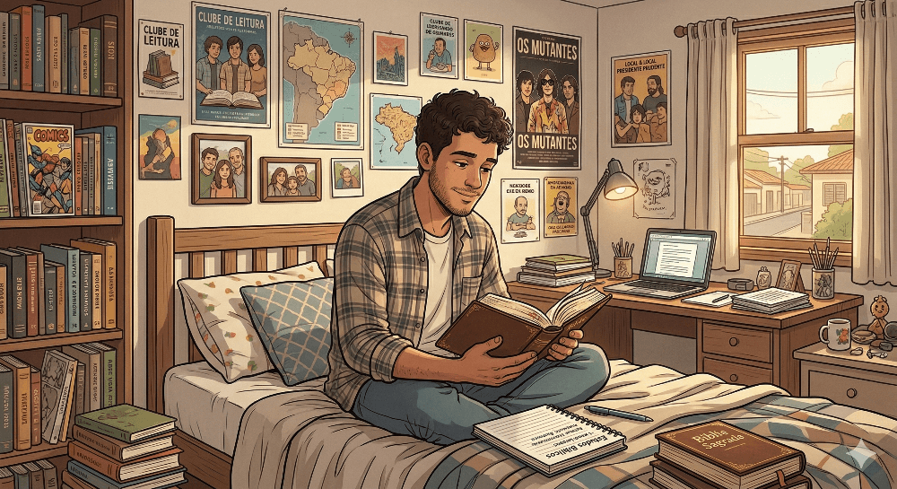 Ilustração de um jovem estudando a Bíblia em seu quarto. Portal Teológico