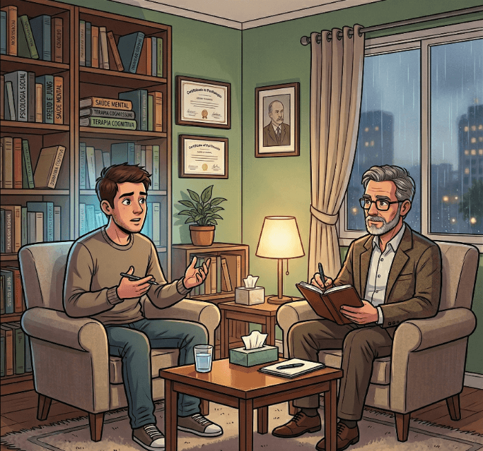 Ilustração de um jovem falando com o psicólogo