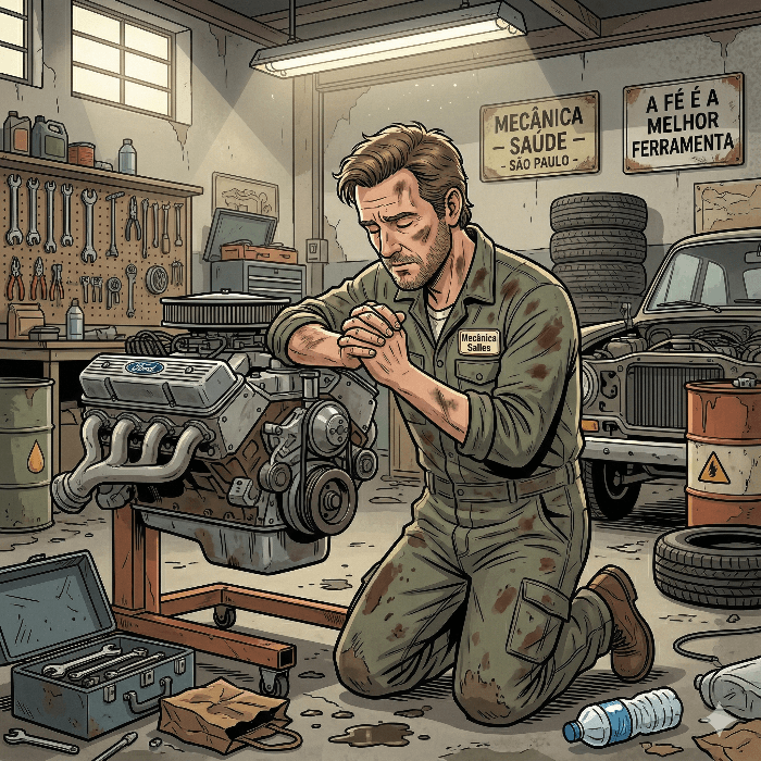 Ilustração de um mecânico orando em seu local de trabalho