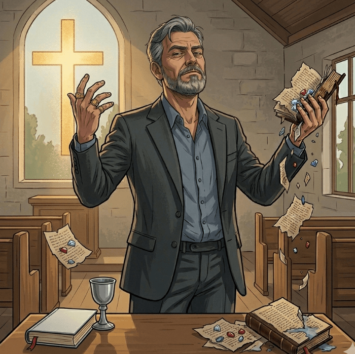 Ilustração de um pastor orgulhoso, se afastando de Deus sem perceber