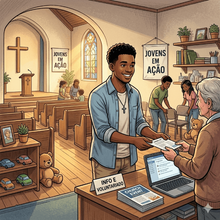 Ilustração de um rapaz servindo na igreja