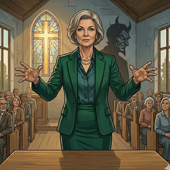 Ilustração de uma pregadora falsa ministrando em uma igreja