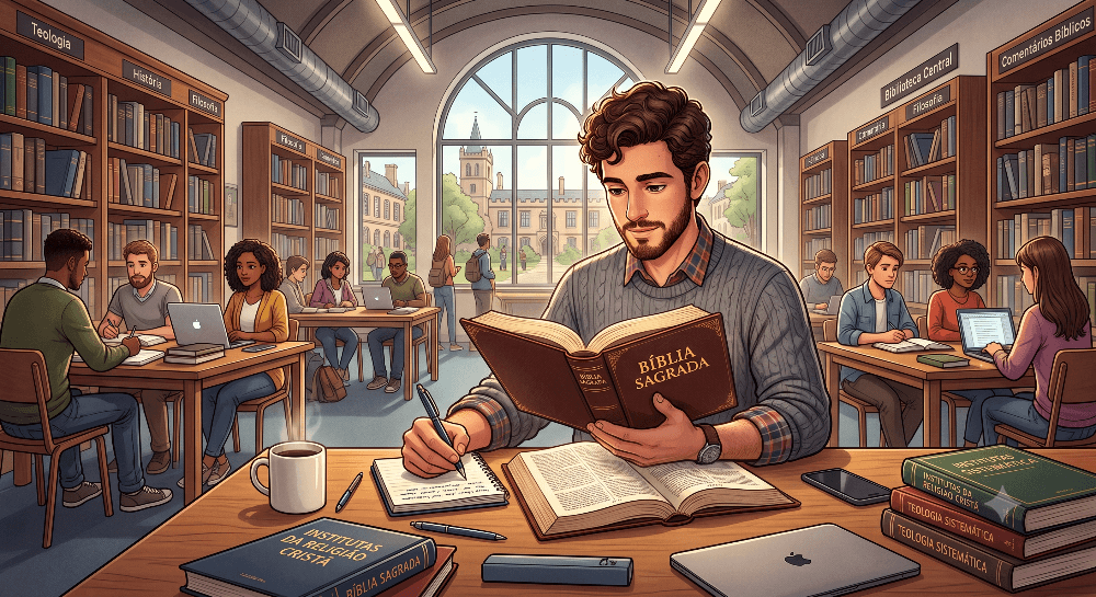 Ilustração de homem estudando a Bíblia em Universidade (Solo Scriptura)